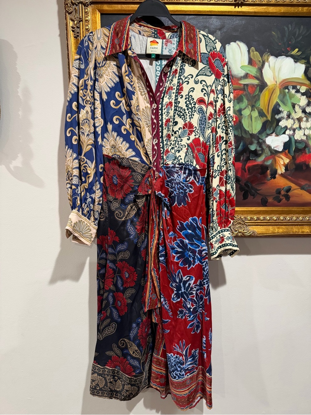 FARM Rio Burgundy and Blue Paisley Tie-Waist Midi Shirt Dress - Picture 2 of 6